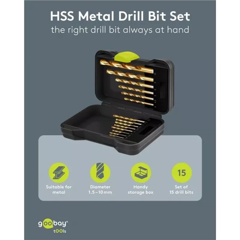 Goobay 77850 set punte per metallo HSS, 15 pezzi, 1,5-10 mm, DIN 338, in scatola di conservazione