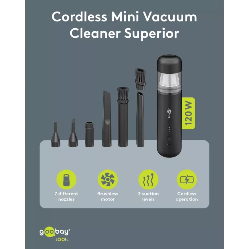 WENTRONIC Goobay Superior mini aspirapolvere a batteria, nero, 7 accessori, 3 spazzole, USB-C, 8000 Pa 77829