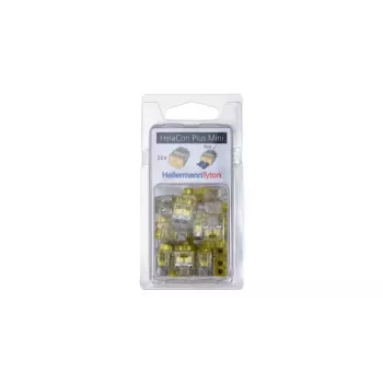 HellermannTyton HelaCon Plus Mini HCPM-2 Connettore push-in, 2 poli, 0,5-2,5mm², trasparente/giallo, confezione da 20 148-90054
