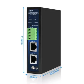 ALLNET Splitter/Estrattore PoE industriale IEEE 802.3bt Type 4, 90W, uscita selezionabile 5V/9V/12V/24V, Gigabit Ethernet, montaggio su guida DIN/a parete (ALL-PSI104G-BT90-PD)