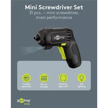 Goobay set cacciavite mini a batteria 31 pezzi impugnatura a pistola con 28 bit e funzione di ricarica micro-USB (77818)