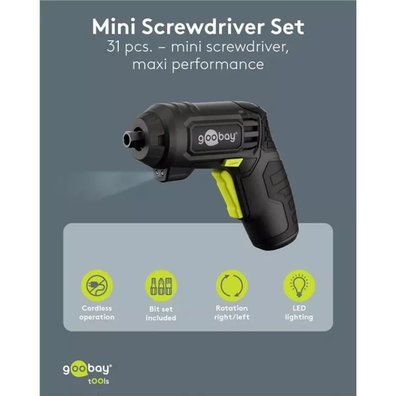 Goobay set cacciavite mini a batteria 31 pezzi impugnatura a pistola con 28 bit e funzione di ricarica micro-USB (77818)