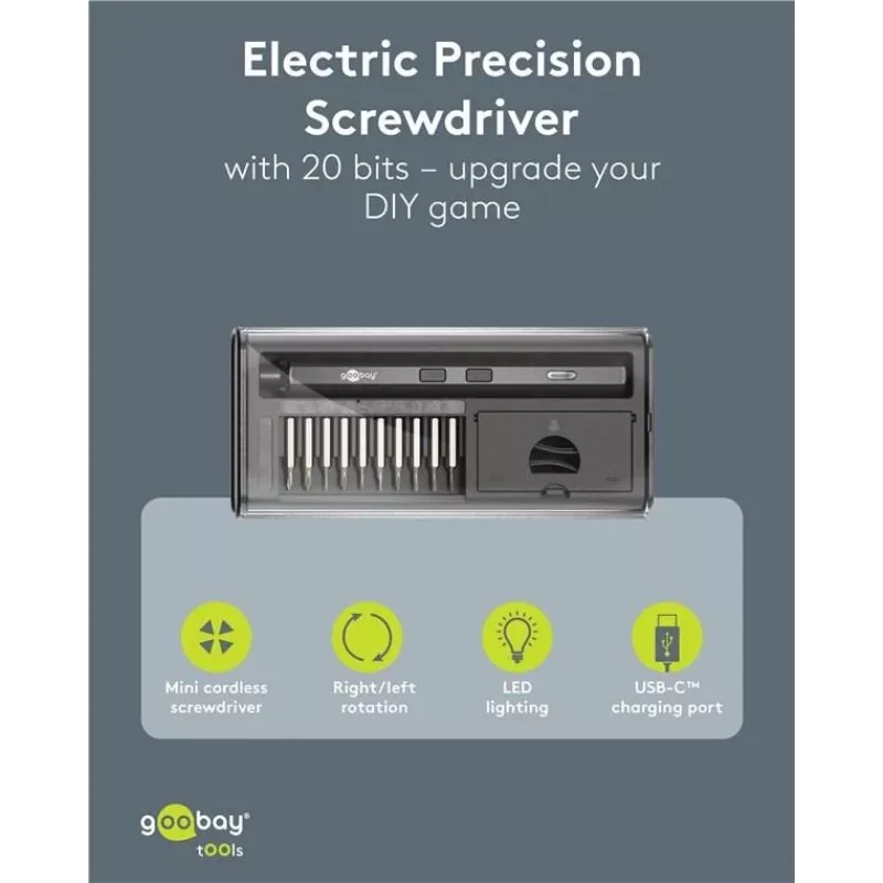 Goobay 77838 cacciavite di precisione elettrico con batteria, 20 pezzi, LED