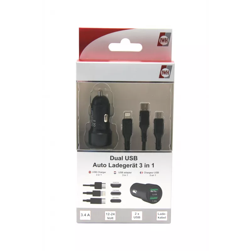 IWH Caricabatterie auto Dual USB 3-in-1 12/24V 3,4A nero (19061)