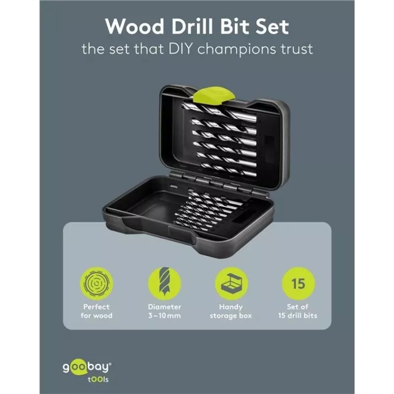 GOOBAY TOOLS 77847 Set punte per legno 15 pezzi in custodia da trasporto 3-10 mm