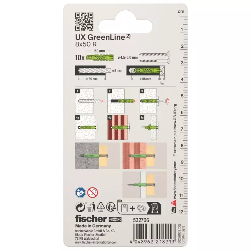 Fischer UX Green 8 x 50 R K NV tassello universale, confezione da 50 532706