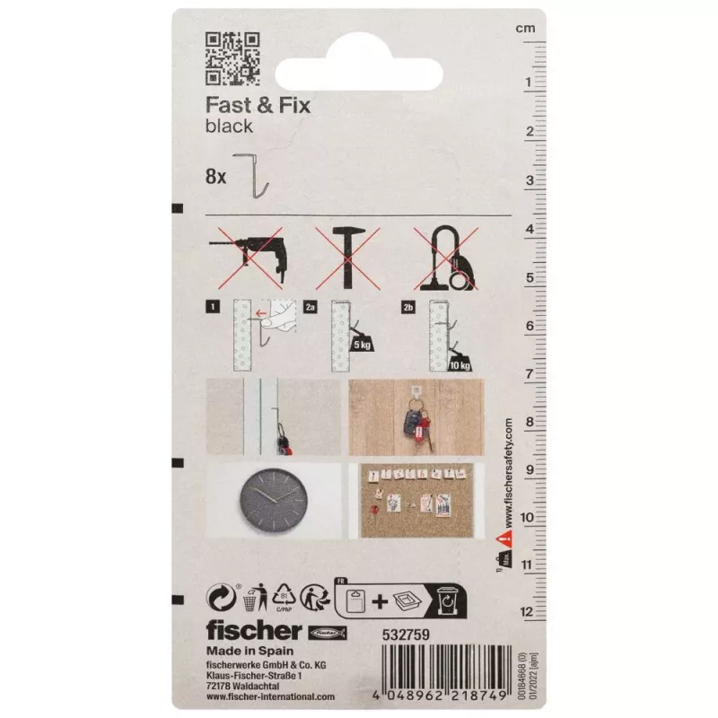 fischer Fast & Fix gancio da parete K NV nero (1 set) – autoadesivo, senza trapano, riutilizzabile