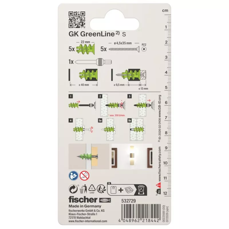 Fischer 532729 GK Green S K NV set tasselli per cartongesso 22 mm (10 pezzi)