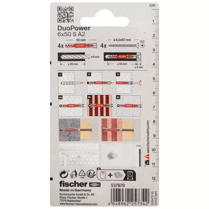 Fischer DuoPower 6 x 50 S A2 K NV tassello universale con vite A2, 1 set (537670)