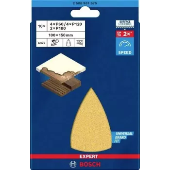 Bosch 2608901675 set di fogli abrasivi per levigatrice multifunzione, 10 pezzi, grana mista P60/P120/P180, 150 x 100 mm, velcro