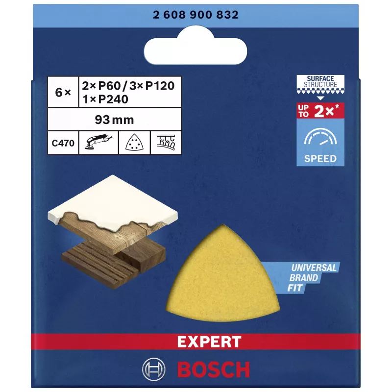 Bosch EXPERT C470 set lame triangolari abrasive 93 mm P60/P80/P120 velcro perforate confezione da 6 2608900832