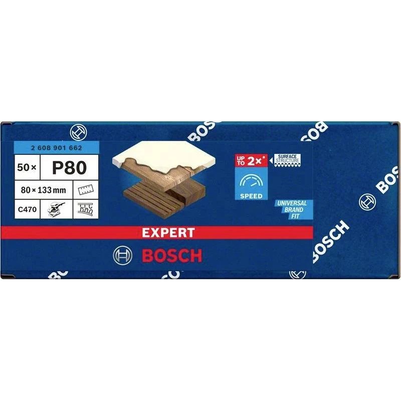 Bosch 2608901662 fogli abrasivi per levigatrice orbitale, grana 80, 133 x 80 mm, confezione da 50