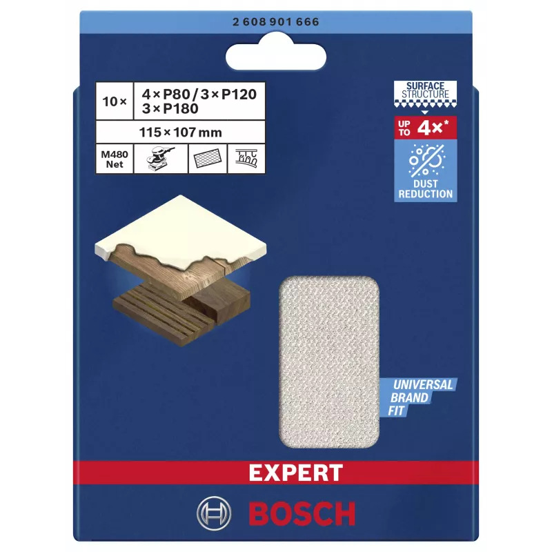 Bosch Expert M480 set retine abrasive per levigatrice orbitale, 3 pezzi, grana 80/120/180, 115 x 107 mm, velcro 2608901666
