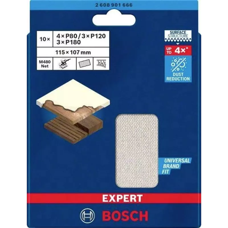Bosch Expert M480 set retine abrasive per levigatrice orbitale, 3 pezzi, grana 80/120/180, 115 x 107 mm, velcro 2608901666