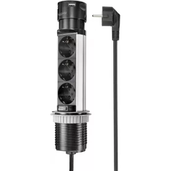SYGONIX SY-4997104 torre porta prese, 6 prese Schuko, 2 porte USB-A, cavo 1,5 m, nero/argento