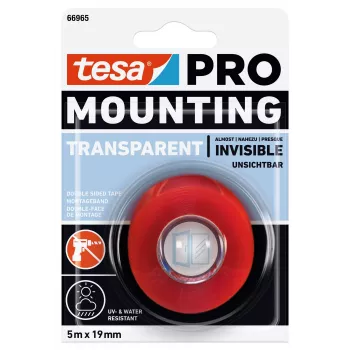 tesa Montage PRO trasparente 66965-00001-00 nastro di montaggio acrilico espanso double-sided, 5 m x 19 mm, tiene fino a 10 kg/m, resistente ai raggi UV e all'umidità, per interni ed esterni