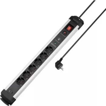 Sygonix SY-6805674 ciabatta 6 prese con protezione da sovratensione e interruttore, Schuko, cavo 1,5 m, nero/argento