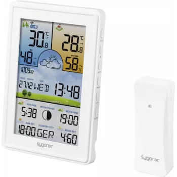 Sygonix SY-5509564 Stazione meteo digitale con previsioni 12-24 ore, orologio DCF, temperatura e umidità interna/esterna, fase lunare, allarme gelo, supporto sensore a 3 canali