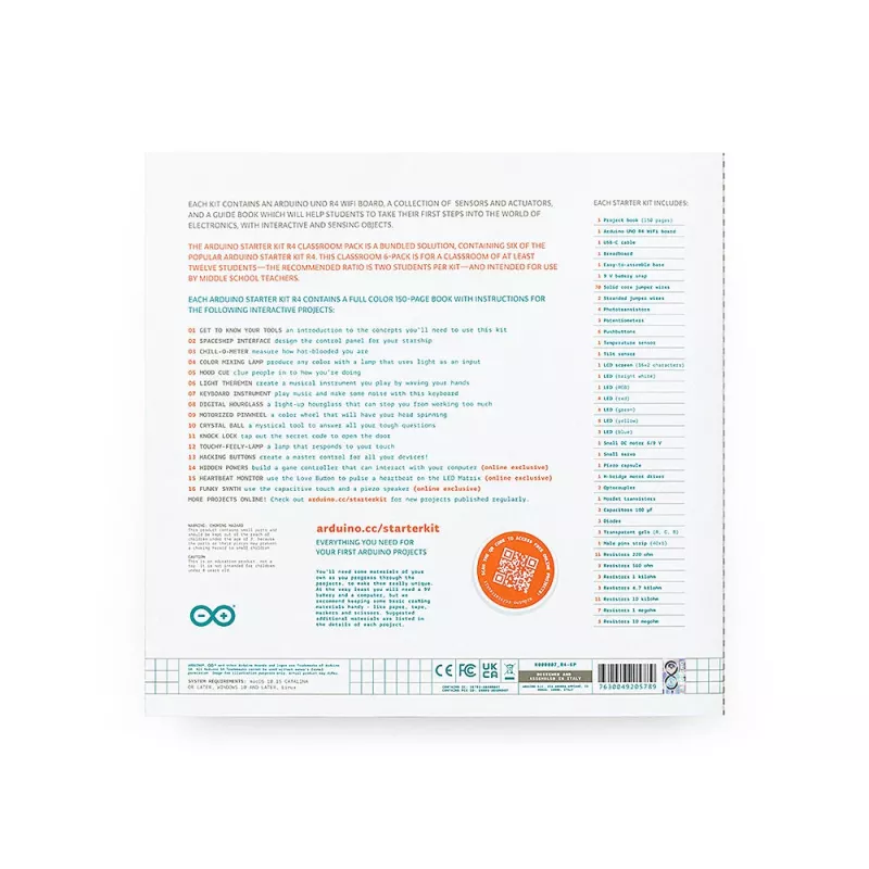 Arduino Starter Kit R4 Classroom Pack, 6 x Arduino Starter Kit R4, per un gruppo da 12 persone (K000007_R4-6P)