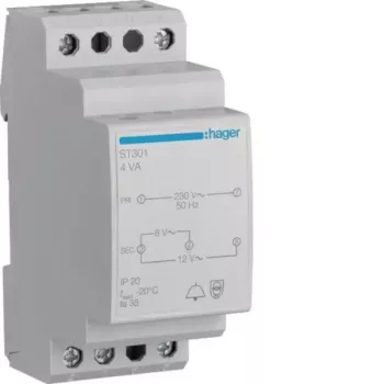 Hager ST301 trasformatore per campanello 230V a 8V/12V AC, 0,5A, guida DIN