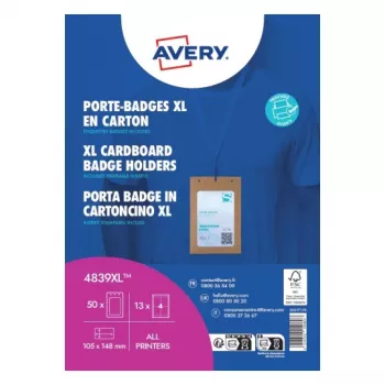 Avery 4839XL Set portanome con lanyard, A6, 105 x 148 mm, 50 set, lanyard blu