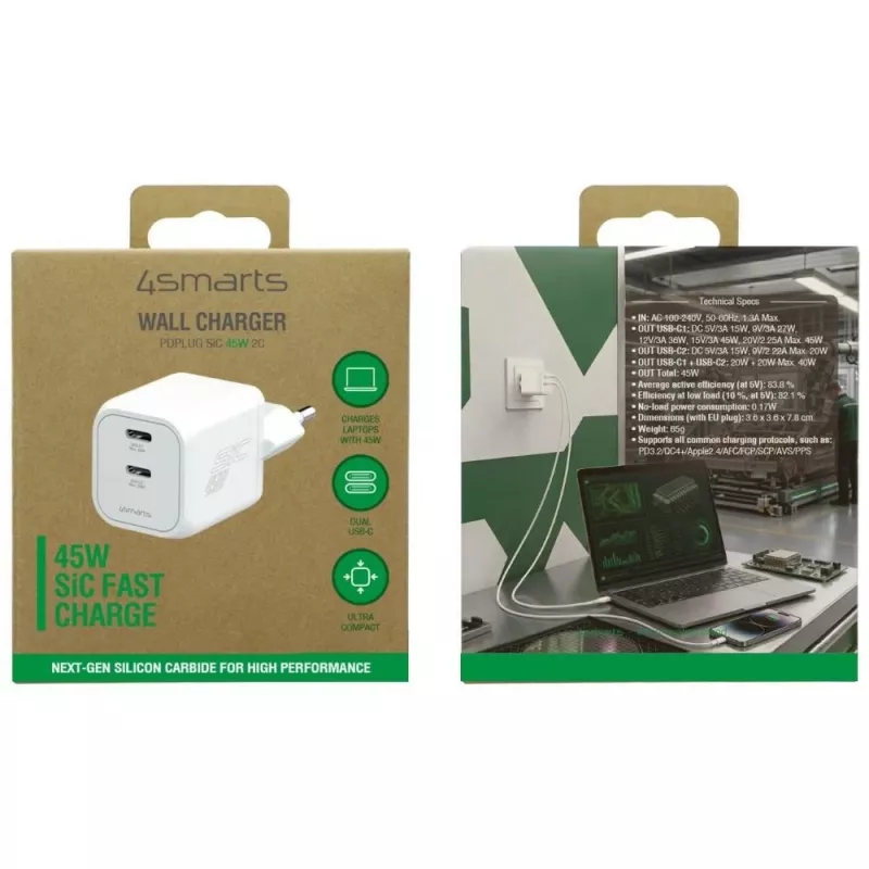 4smarts PDPlug SiC Dual 45W 2C caricabatterie da parete bianco