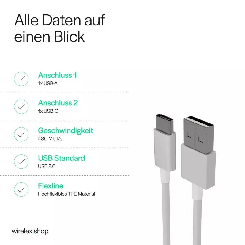 FLEXLINE FL31-13043 cavo USB-A su USB-C di ricarica e sincronizzazione, 2.0, ABS, bianco, 2m