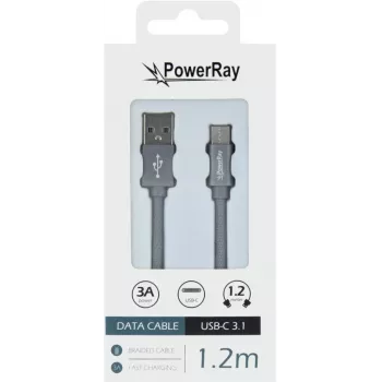 PowerRay cavo dati PR-DCUC120TGY USB-A a USB-C 1,2 m grigio in tessuto intrecciato ricarica rapida e sincronizzazione dati 5 Gbps