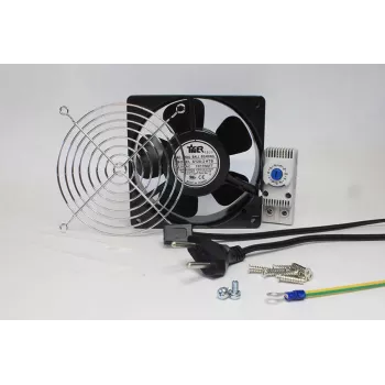 IT-BUDGET kit completo ventilatore per armadio IT con termostato - flusso d'aria 160 m³/h - 230 V - 1 ventilatore, griglia di protezione, cavo, termostato, viti (90ITBLUESET1T)