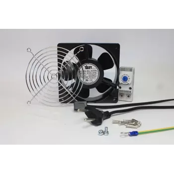 IT-BUDGET kit completo ventilatore per armadio IT con termostato - flusso d'aria 160 m³/h - 230 V - 1 ventilatore, griglia di protezione, cavo, termostato, viti (90ITBLUESET1T)