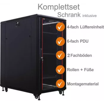 IT-BUDGET kit completo armadio server 19 pollici SRK, 27HE, 600x1000 mm, porta in vetro/acciaio, 4 ventilatori, PDU, ripiani, preassemblato, nero 99ITB19SRK27610GSM