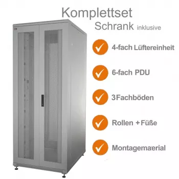 IT-BUDGET kit completo rack server 19 pollici SRK - 42U - LxP 800x1000 mm - porte perforate doppie anteriore + posteriore - 4 ventilatori attivi - PDU - ripiani - montato - grigio chiaro 99ITB19SRK42810DTGM