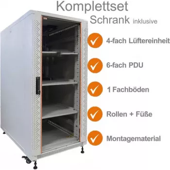 IT-BUDGET kit completo armadio di rete 19 pollici SRK - 18U - 600x600 mm - porta in vetro/acciaio - 4 ventilatori attivi - PDU - ripiani - flatpack - grigio chiaro 90ITB19SRK1866GG