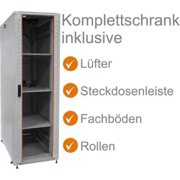 IT-BUDGET kit completo armadio di rete 19 pollici SRK 38U 600x600mm porta in vetro/acciaio 4 ventilatori PDU ripiani flatpack grigio chiaro 90ITB19SRK3866GG