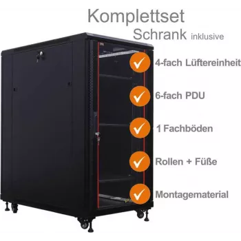 IT-BUDGET Kit completo armadio di rete 19 pollici SRK - 18U - 600x1000 mm - Porta in vetro/acciaio massiccio - 4 ventole attive - PDU - ripiani - premontato - nero 99ITB19SRK18610GSM