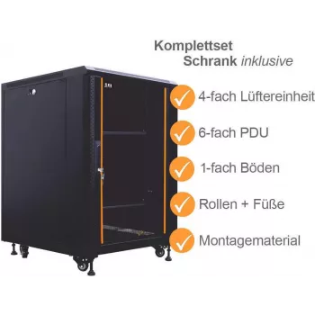 IT-BUDGET Kit completo armadio di rete 19 pollici SRK 12U 600x800 mm porta in vetro/acciaio 4 ventole attive PDU ripiani premontato nero 99ITB19SRK1268GSM