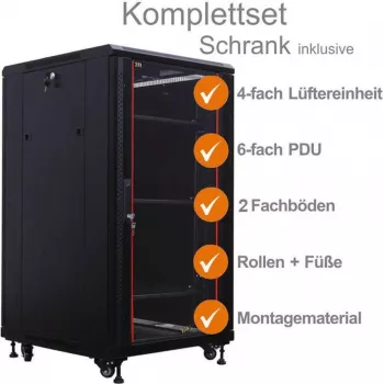 IT-BUDGET set completo armadio di rete 19 pollici SRK 22U 600x600mm porta in vetro/acciaio 4 ventole PDU ripiani premontato nero 99ITB19SRK2266GSM