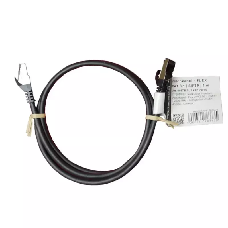 IT-BUDGET cavo patch Cat.8.1 S/FTP, 1m, nero, 40Gbps, 2000MHz, LSZH, PoE+ 90ITBFLEX81PK1S