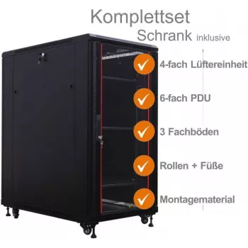 IT-BUDGET armadio di rete 19 pollici SRK set completo 27U 600x600mm porta in vetro/piena 4 ventole PDU mensole flatpack nero 90ITB19SRK2766GS