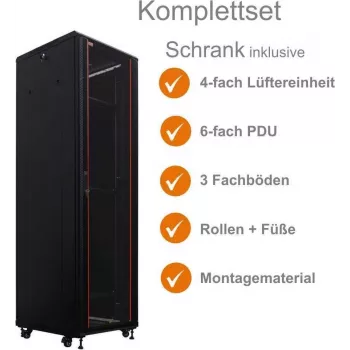 IT-BUDGET armadio di rete 19 pollici SRK set completo 42U 600x600mm porta in vetro/acciaio 4 ventole PDU mensole preassemblato nero 99ITB19SRK4266GSM