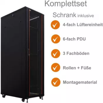 IT-BUDGET rack server 19 pollici SRK set completo - 42U - 600x1000 mm - doppie porte perforate anteriori e posteriori - 4 ventole attive - PDU - mensole - flatpack - nero (90ITB19SRK42610DTS)
