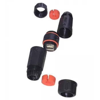 IT-BUDGET connettore femmina RJ45 impermeabile IP68 Cat.6A per esterni e industria - 2 x connettore femmina RJ45 - nero (90ITBKK6AIP68)