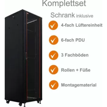 IT-BUDGET armadio di rete 19 pollici SRK set completo - 38U - 600x600 mm - porta in vetro/acciaio - 4 ventole attive - PDU - ripiani - flatpack - nero (90ITB19SRK3866GS)