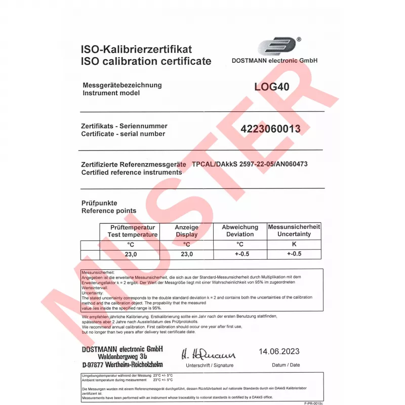 TFA Dostmann LOG40 Data logger di temperatura calibrato ISO USB PDF, da -40 a +60 °C