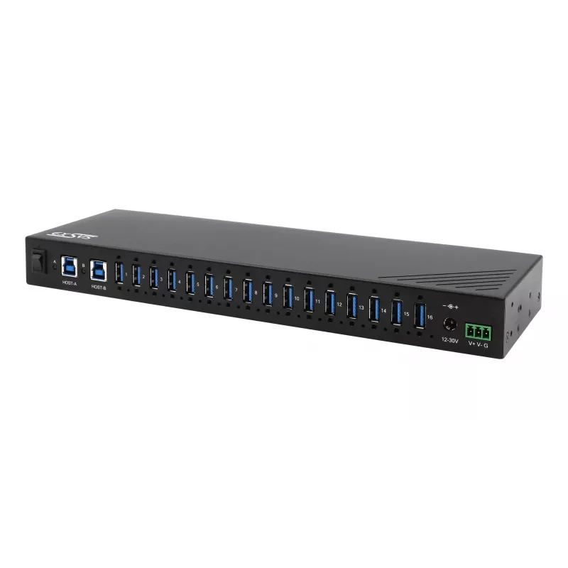 EXSYS EX-11236HMS Hub industriale USB 3.2 Gen 1 a 16 porte con protezione 15KV ESD, montaggio a parete e su guida DIN