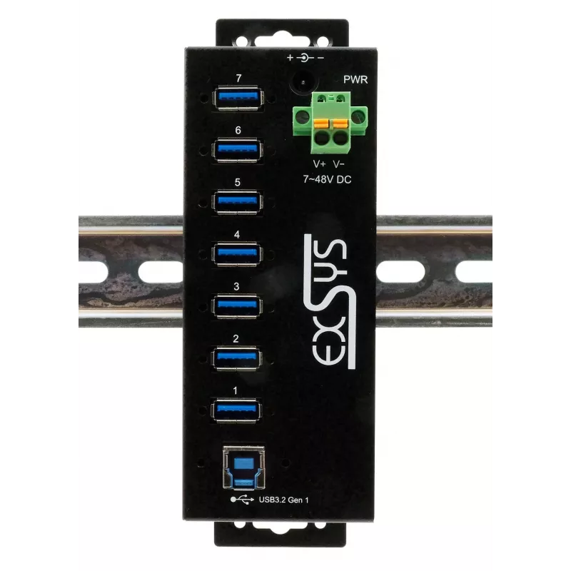 EXSYS hub industriale USB 3.2 Gen1 7 porte con kit per guida DIN e protezione ESD 15kV (EX-1187HMVS-2)