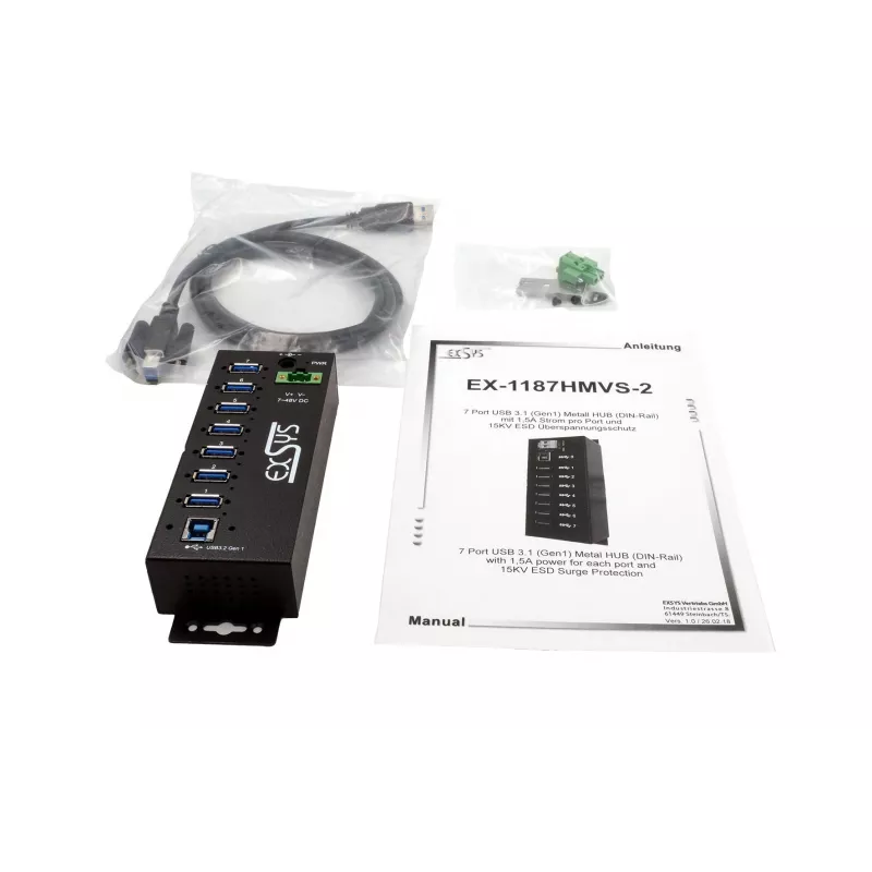 EXSYS hub industriale USB 3.2 Gen1 7 porte con kit per guida DIN e protezione ESD 15kV (EX-1187HMVS-2)