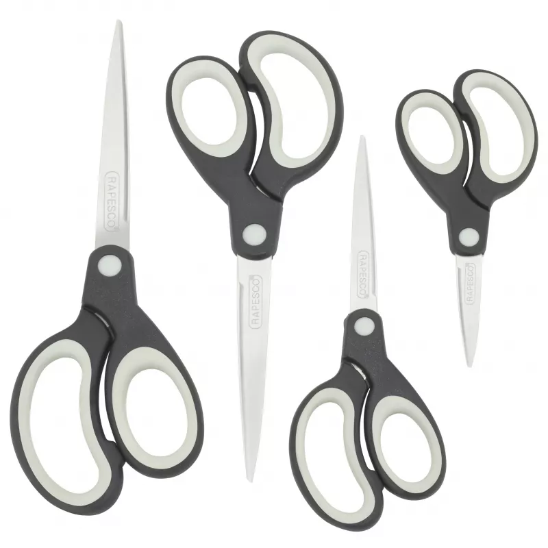 Rapesco Set forbici Soft Grip, 4 pezzi, lame in acciaio inox, nero/grigio 1574