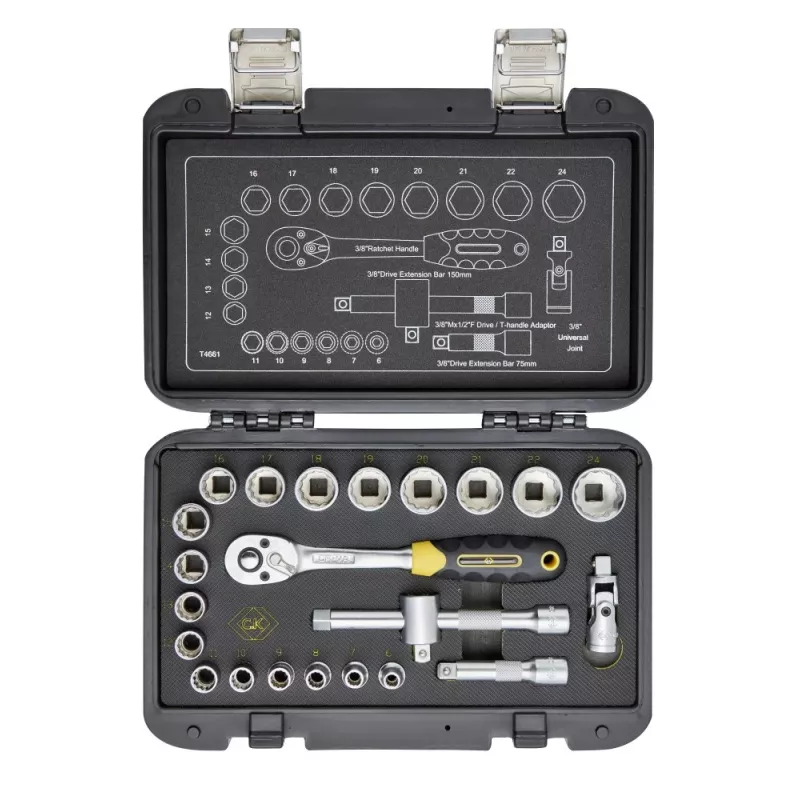 C.K Tools set di chiavi a bussola con cricchetto reversibile metriche, 23 pezzi, 3/8