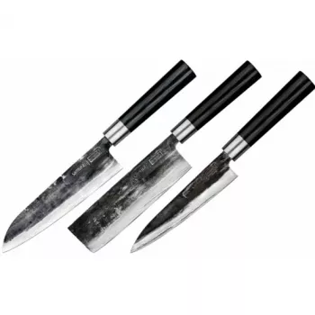 SAMURA SP5-0220 set di 3 coltelli da cucina, lame in acciaio inox AUS-8, manici in ABS nero, coltello pelapatate, universale e da chef